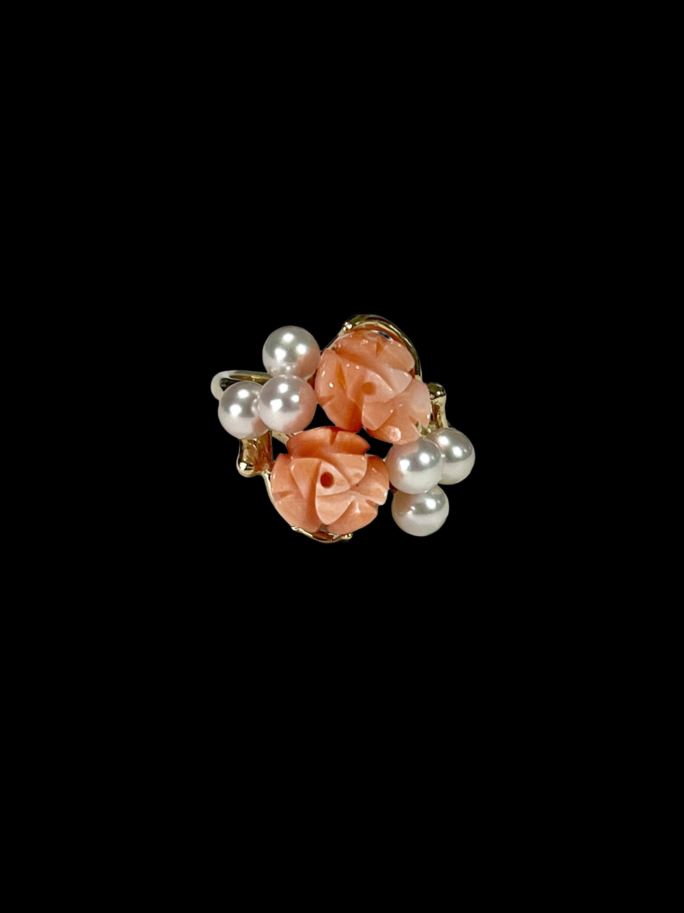Bague Vintage Années 70 En Or 18K Massif Avec Cabochon De Corail Rose - Taille ITA 15 (US 7.2) - Made In Italy