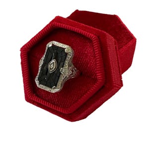 Art Deco Onyx Diamond Ring - 14K White Gold Filigree, 1930s Vintage