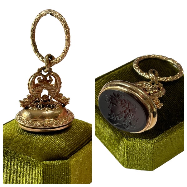 Antique 14k Rosey Gold Double Dragon Watch Fob Pendant-Carnelian Intaglio Seal Fob Pendant -Fine 1800's Victorian Accessories