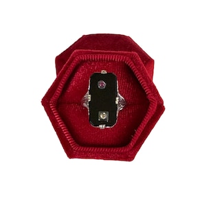 Art Deco Black Onyx Ring: Ruby Diamond 14k White Gold Filigree