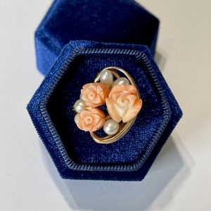 Vintage 14k Coral Rose & Pearl Ring - Size 8