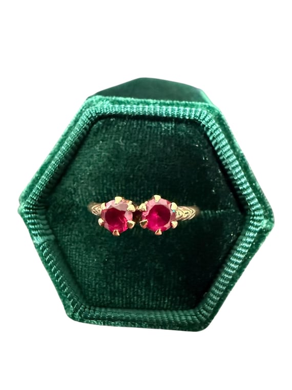 Edwardian Created Ruby Ring: 10k Yellow Round Dou… - image 1