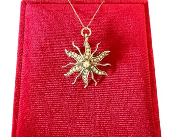 Victorian 9k Yellow Gold Starburst Seed Pearl Brooch Pendant Necklace