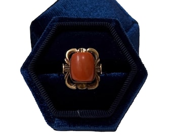 Art deco 14k roségouden koraalring – vintage maat 8