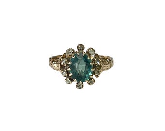 Anillo victoriano de oro amarillo de 10 quilates con diamantes y pasta azul - Estilo antiguo en racimo