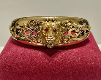 Victorian Lion Bracelet - Antique Yellow Gold Filled Simulated Diamond & Ruby Bracelet - 1895s Fine F.M. Co. Jewelry