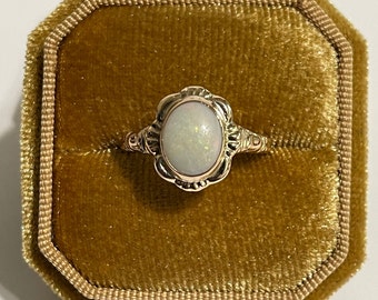 Opal Art Deco Era Ring - 10k Yellow Gold Oval Cabochon Gem Solitaire - Size 8 1/2  - 1.86 CT October Birthstone