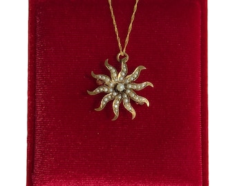 Victorian 14k Yellow Gold Starburst Seed Pearl Brooch Pendant Necklace