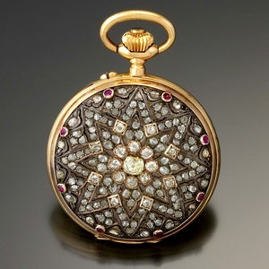 Rare Ottoman Empire Victorian Era Rose Cut, Mine Cut Diamonds with Rubies Encrusted 14K Gold Case Swiss Pocket Watch - 1800&#39;s Accessories