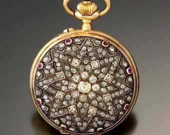 Viktorianische 14K Gold Taschenuhr: Diamanten und Rubine im Rosenschliff, Ottomaner Stil