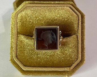 Edwardian Carnelian Intaglio Ring: 10k Rose Gold Roman Warrior Cameo
