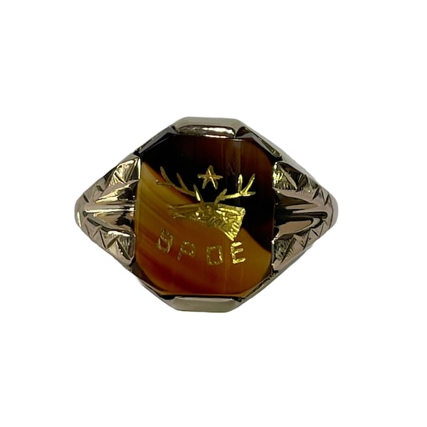 Benevolent Protective Order of Elks -Heavy 8.31 grams-10k Yellow Gold Art Deco Era Genuine Moss Agate Stone Ring- Sz 10 1/4