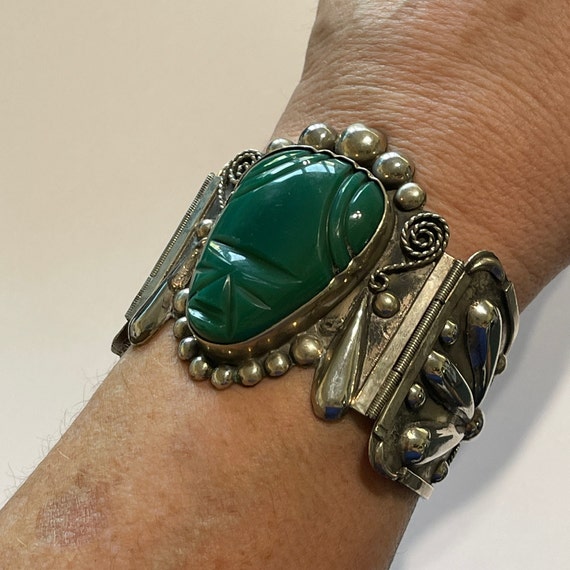 Large Silver Mexican Jade/Green Onyx Aztec Mask C… - image 5