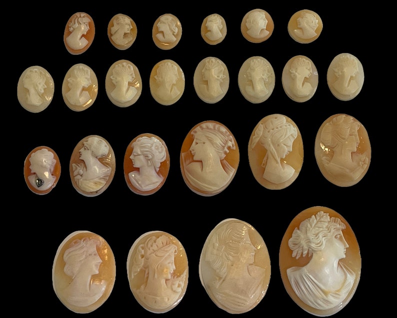 May include: A collection of 20 cameo pendants featuring carved portraits of women. The pendants are made of shell and have a light brown color.