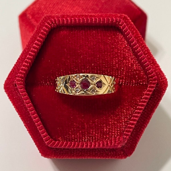 Genuine Ruby & Diamond Band Ring- Victorian Era- Unisex 15k yellow gold - Sz 7 3/4- Fine Chester Victorian Era Jewelry