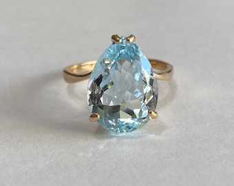 Genuine Blue Topaz Ring - Vintage 14k Yellow Gold Pear Cut 8.99 CT Blue Gemstone-Engagement Size 9  Fine Jewelry