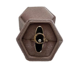 Art Deco Black Onyx Seed Pearl Ring: 14k Yellow Gold Celestial Jewelry, Size 6.5