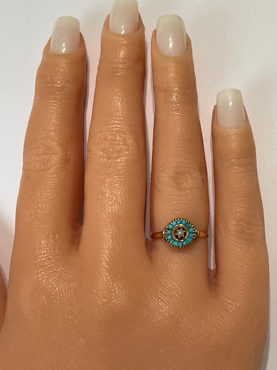 Turquoise & Seed Pearl Halo Ring - 14k Yellow Gol… - image 7