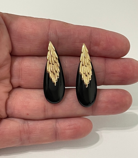 Genuine Onyx Earrings - 14k Yellow Gold earrings-… - image 2