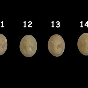 May include: Four white cameo pendants with a carved image of a woman's profile. The pendants are oval shaped and have a smooth, polished surface.