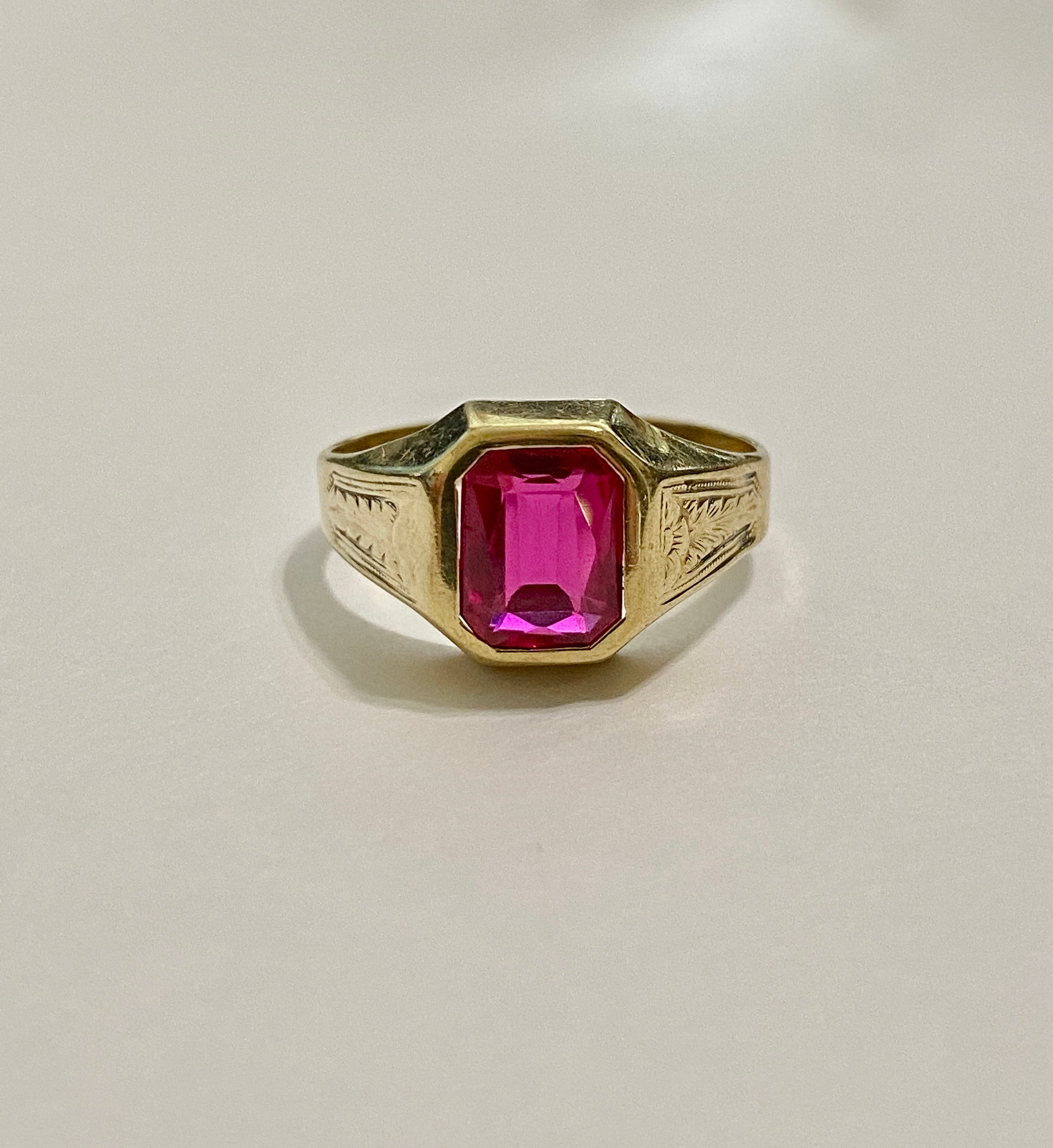 Antique 10k Yellow Gold 3.31 Carat Created Ruby Statement Ring