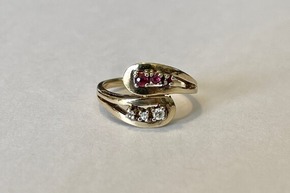 Vintage Ruby Diamond 10k Gold Bypass Ring - Retro… - image 3