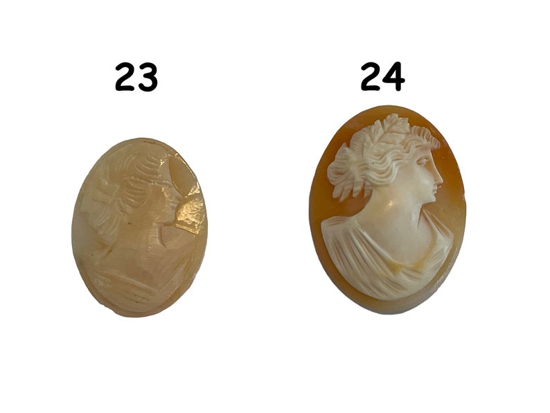 May include: Two oval-shaped cameo pendants with a white background and a carved design of a woman's profile. The cameo on the left is a light brown color, and the cameo on the right is a darker brown color.