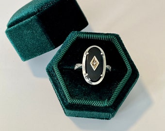 Vintage Onyx Ring - Retro 10k White Gold Genuine .015 CT Diamond Gemstone - Circa 1940s Era Size 6 1/4 Oval Black Statement Fine Jewelry