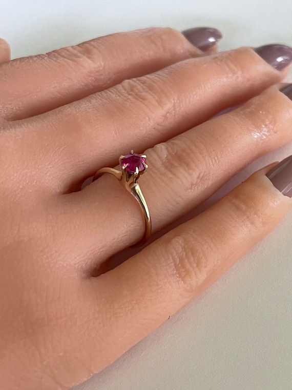 Edwardian Created Ruby Ring: 10k Yellow Gold Soli… - image 6