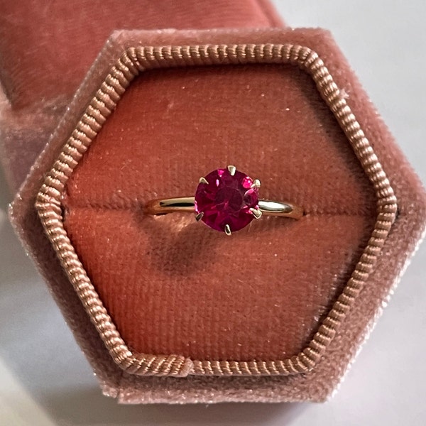 Created Ruby Ring -Edwardian Era 10k YG Round Faceted 1.03 CT Red gemstone July Birthstone - Size 6 1/2 Solitaire Engagement Jewelry