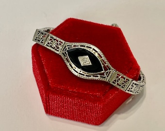 Antique Art Deco Onyx Diamond Bracelet, 10k White Gold Filigree, 1930s