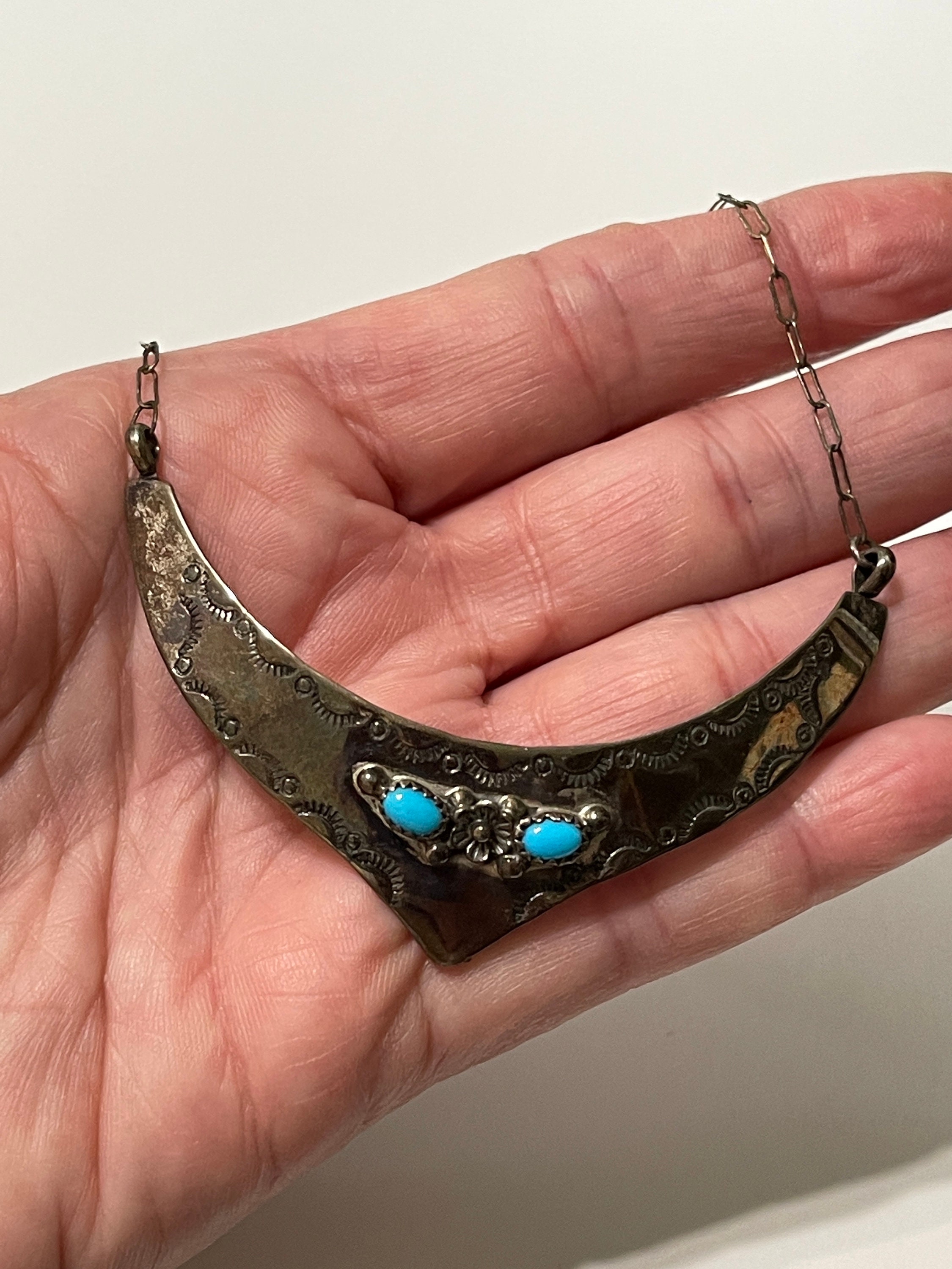 Collier Ethnique Signé CDK Style Navajo - Turquoise Et Marron, Avec Franges, En Très Bon état