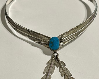 Native American Turquoise Feather Choker Necklace- Signed
