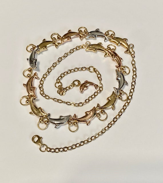 10K Tri-Color Gold 13 Dolphin link Necklace- Adjus