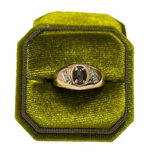 Vintage Black Star Sapphire Ring: 10k Yellow Gold Diamond Accent, 1970s Fine Jewelry