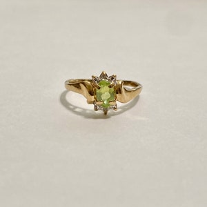 Genuine Peridot & Diamond Ring -14k Yellow Gold Light Green Oval Gem Statement - Vintage Size 7 1/4 August Birthstone Fine Jewelry