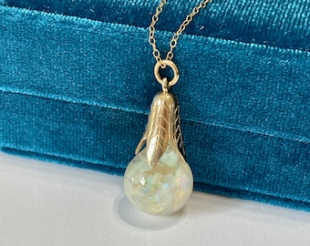 Floating Opal Orb - Retro 10k Yellow Gold Tulip Cap Gemstone Chips Sphere Necklace - Vintage 1940s Liquid Teardrop Pendant Jewelry