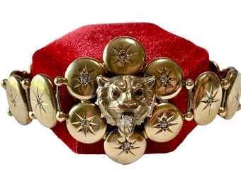 Victoriaanse leeuwarmband: antieke 14k gouden diamanten robijnrode sieraden