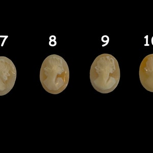 May include: Four oval-shaped cameo pendants with a white cameo image of a woman's profile on a light brown background.