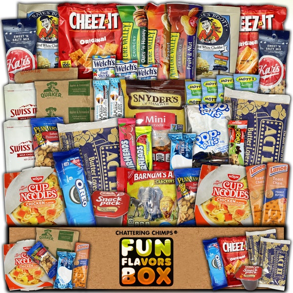 Chattering Chimps College Care Package – 40 Count Snack Box: Popcorn, Chips, Bars, Cookies, Candy