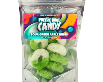 Freeze Dried Candy Sour Green Apple Gummy Rings, Unique, Exotic Crunch Snack Treats, Party Favor Gift Idea – 2.2 oz