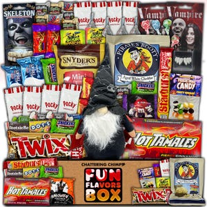 Paquete variado de canasta de regalo para Halloween, paquete de cuidado, dulces, bocadillos, caja de regalo con temática de truco o trato