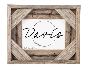 5 x 7 Barbed wire rustic barnwood barn wood frame weathered reclaimed wood picture photo frame