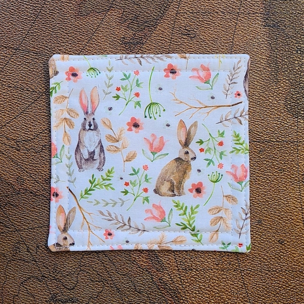 Spring Bunnies Coaster Four Pack-Spring Rabbit Tea Coasters-Quilted Spring Easter Coasters-Bedroom Décor-Hostess Gift-Fabric Party Coasters