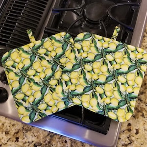 Lemon Tree Square Quilted Pot Holders Set of 2-Lemons Potholders-Lemons Trivets-Reversible Trivet-Host Gift-Insulbrite Trivet-Hand Made