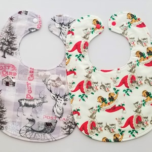 Baby Bib Gift Set-Classic Puppies, Kittens and Deer Christmas Baby Bibs-Reversible Bib-Unisex Bib-Flannel Bib-Baby Shower Gift-Hand Made