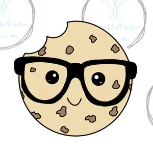 May include: A cartoon cookie with a bite taken out of it wearing black framed glasses. The cookie has chocolate chips and a smiling face.