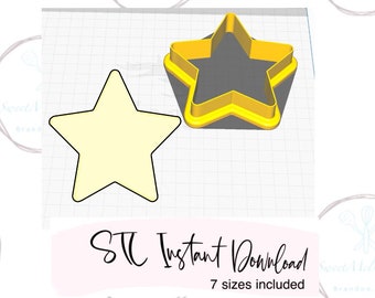 May include: A digital download of seven different sized star cookie cutters. The image shows a yellow star cookie cutter with a black outline. The text "STC Instant Download 7 sizes included" is also visible.