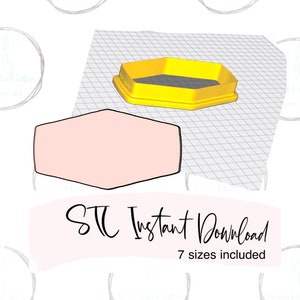 May include: A digital download of seven different sized SVG files for a hexagonal shaped cookie cutter. The cutter is yellow and the image shows a pink hexagonal shape next to it.