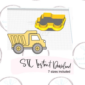 May include: A digital download of a yellow dump truck cookie cutter. The image shows the cookie cutter in 3D, with the text "STC Instant Download 7 sizes included".